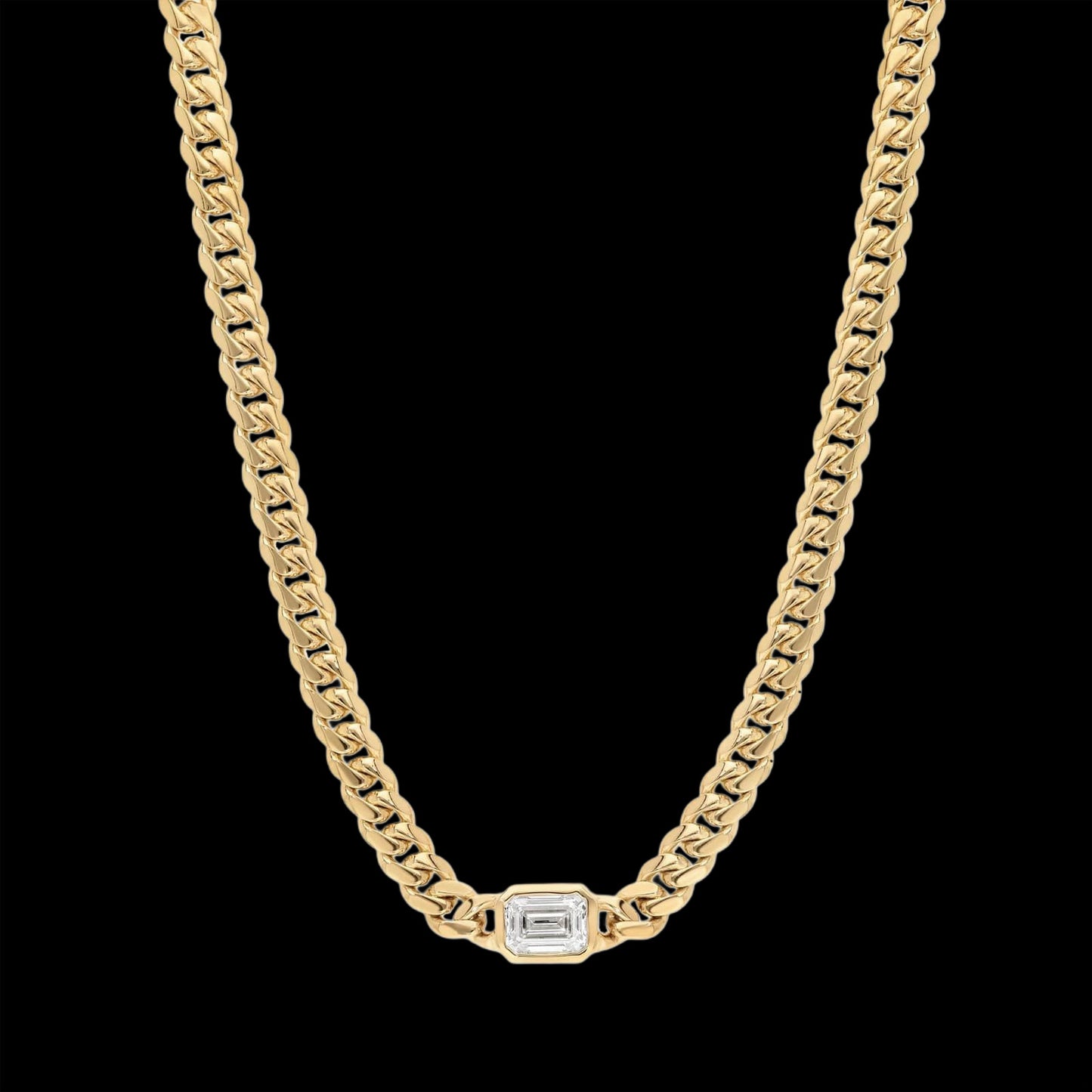 Emerald Cut Diamond Bezel Cuban Chain In Gold