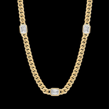 Emerald Cut Three-Stone Diamond Bezel Cuban Necklace In Gold