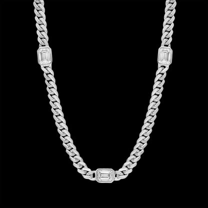 Emerald Cut Three-Stone Diamond Bezel Cuban Necklace In Silver