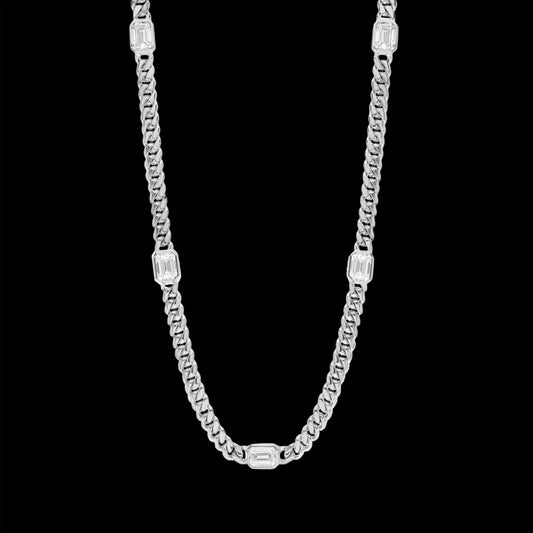 Emerald Cut Five-Stone Diamond Bezel Cuban Necklace In Silver